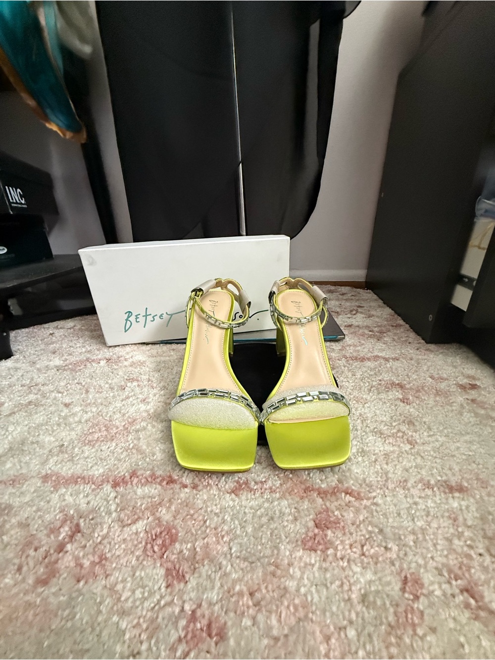 Betsey Johnson Neon Lime Rhinestone Block Heel Sandals - Picture 3 of 5